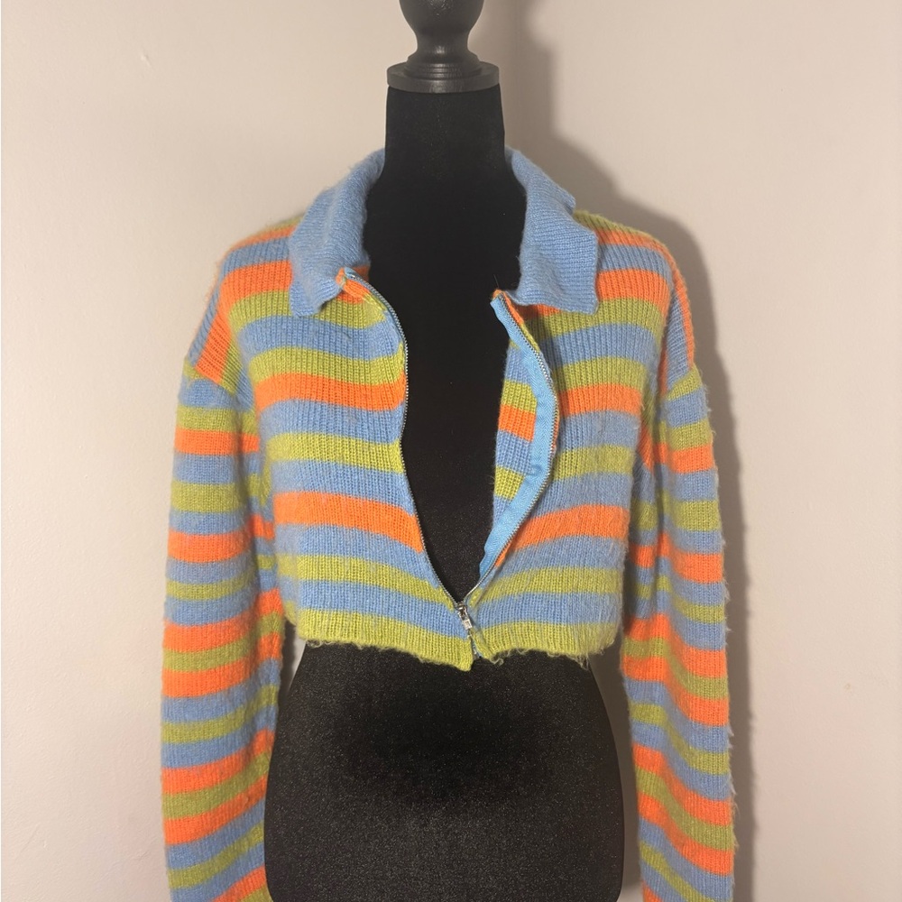 Striped Cropped Cardigan 💚🧡🩵
